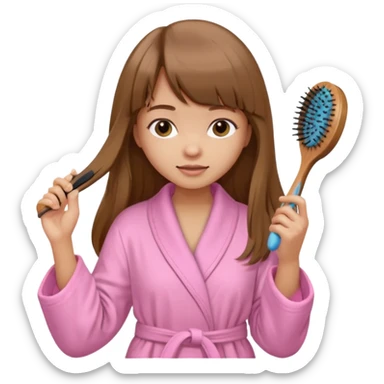 a girl with light skin and medium brown long hair with bangs who is brushing her hair with a hairbrush and she is wearing a light pink bathrobe sticker