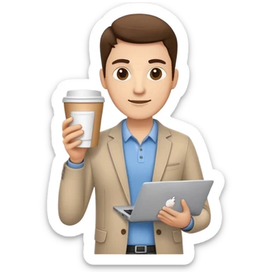 business owner confidently, holding a closed laptop in one hand and a takeaway coffee cup in the other. The character wears casual-smart clothes. sticker