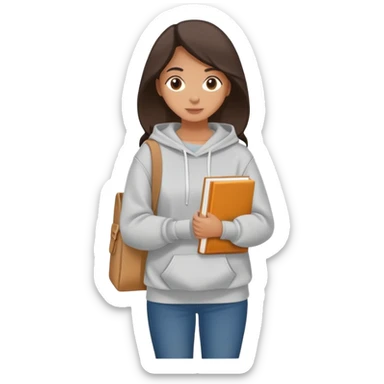 A flat-style illustration of a woman college student with a tote bag over the shoulder and a book in one hand. The student wears a hoodie. Clean cartoon style, white background, iOS emoji aesthetic. sticker
