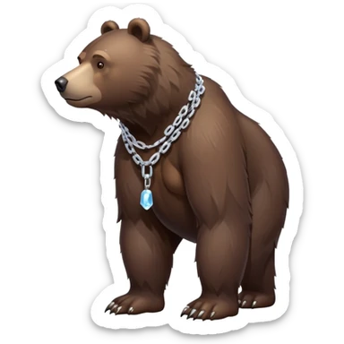 Dark brown bear in a slight walking pose, full body view on all four legs, realistic fur detail, serious expression, ice chain around neck sticker