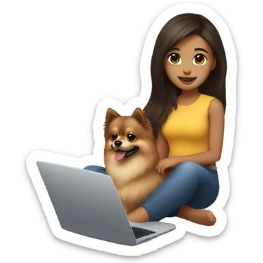 A girl with long dark brown hair, brown eyes , light skin, in front of a laptop with a pomeranian next to her sticker