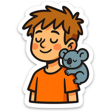 light brown messy haired boy with a very small sleepy koala on his shoulder, vibrant toon style sticker