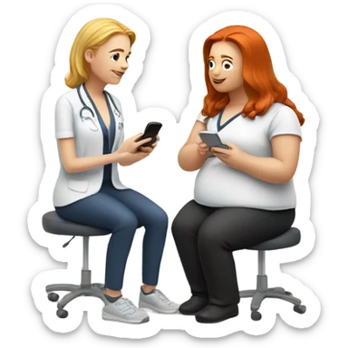 red hair nutritionist and blondie overweight patient talking smartphone sticker