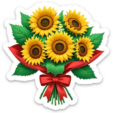 bouquet of sunflower with red bow and red wrapping paper sticker