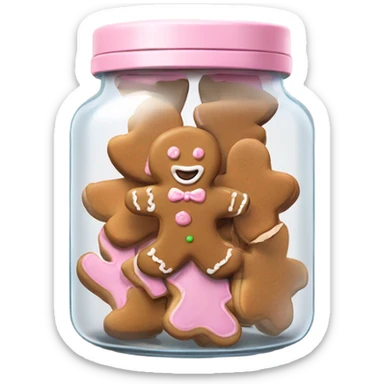Realistic glass cookie jar with light pink lid full of gingerbread cookies isolated.  sticker