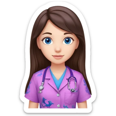 pretty brunette nurse with long hair and blue eyes in pink and purple dinosaur pattern scrubs sticker