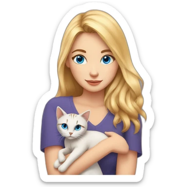 a beautiful fair-haired girl with blue eyes holds a cat of Bengal origin in her arms sticker