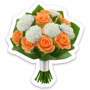 A boquet wrapped in an orange and white, that has White carnations that has pink tips, with baby’s breath and green leaves sticker