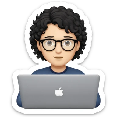 guy with wavy kinda curly black hair and light-to-medium skin tone and glasses, with a macbook sticker