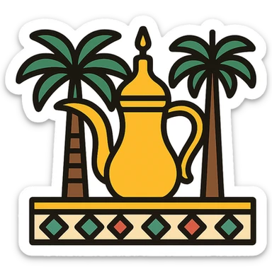 icon representing Saudi culture with traditional elements including palm trees, coffee pot, and geometric patterns, clean modern style sticker