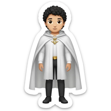 Apariencia: Joven de unos 25-30 años, atractivo,.
-Rostro: Ojos oscuros, piel ligeramente morena, rasgos árabes finos.
-Cabello: Negro, rizado corto, viste como cristiano (camisa blanca, capa corta, colores sobrios). Que salga de cuerpo completo sticker