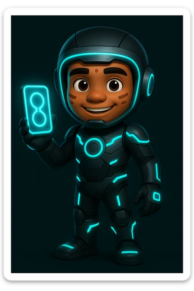 Create the same character as in the reference image but dressed in a futuristic sci-fi suit, holding a glowing gadget, with a friendly expression, full body view. Maintain the character's original style and features. sticker