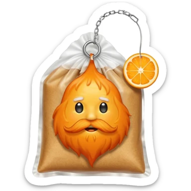 a teabag with orange beard sticker