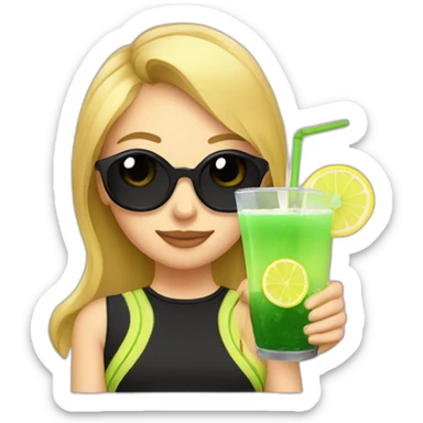 blonde girl straw drinking pink lemonade with one green lemon in the cup, with black watch black tshirt sticker