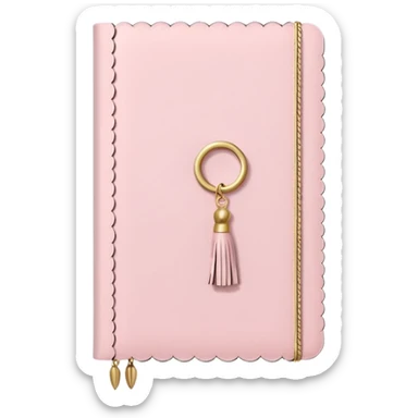 a soft pink journal with scalloped edges, tiny gold dot details, and a small tassel charm, cozy and elegant stationery vibe sticker