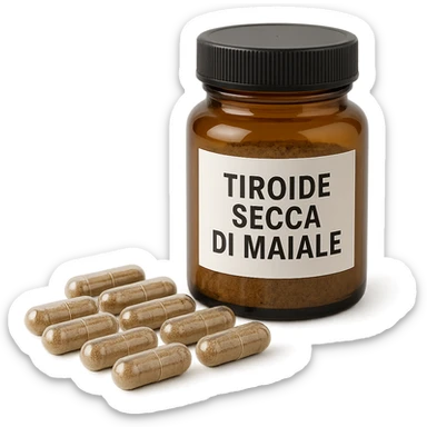 transparent capsules with brown powder inside, arranged next to a jar labeled 'Tiroide Secca di Maiale', isolated on white, neutral light, hyperrealistic 4K sticker