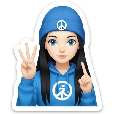 White woman with long black straight hair and blue eyes with long eyelashes and blue hoodie. i would like for her to be doing a peace sign with her fingers and be wearing a black beanie. i want the beanie to have the om symbol on it sticker