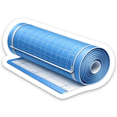 side perspective of a blue rolled-up blueprint plan with white lines sticker
