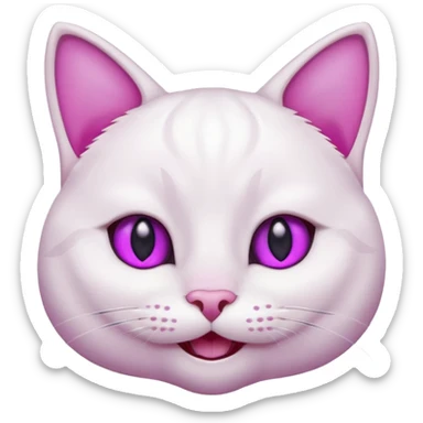 White cat happy smiling with teeth showing, light pink inner ears, magenta purple eyes, looks like discord's :smiley_cat: emoji sticker