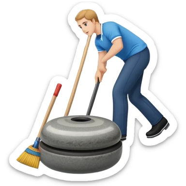 An icon showing a detailed close-up of a curling stone sliding across the ice, with a broom in motion beside it. The background features an indoor stadium with cheering spectators on the stands. Transparent background captures the strategy and focus of curling. sticker
