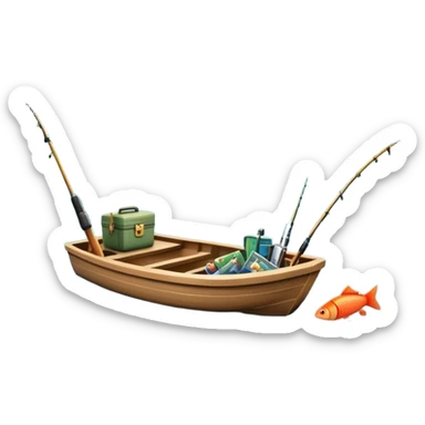 Icon for Fishing Travel: a boat on a calm lake surrounded by mountains and lush greenery, with fish jumping out of the water, a fishing rod, tackle box. The icon should capture the peaceful and adventurous nature of fishing trips. Transparent background. sticker