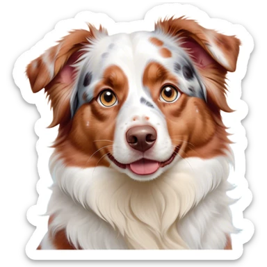 Cinematic Cute Predominantly White Red Merle Australian Shepherd Portrait Emoji, Head tilted playfully and inquisitively, predominantly white fur with vibrant red merle patches, round, sparkling blue eyes filled with curiosity, Simplified yet irresistibly adorable features, highly detailed, glowing with a warm, friendly glow, high shine, affectionate and lively, stylized with a touch of whimsy, bright and endearing, soft glowing outline, capturing the essence of a mischievous yet loving pup, so playful it feels like it could bound out of the screen and into your arms! sticker