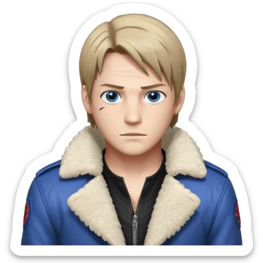 Leon Kennedy from resident evil 4 remake in sheepskin coat and black t-shirt blue eyes clean-shaved sticker