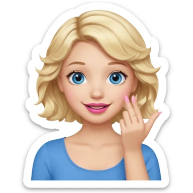 Girl Blonde short wavy hair,  blue eyes, cute blue top, long lashes, pink lips, smiling, hand covering the mouth sticker