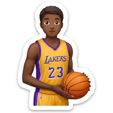 Joven con uniforme de basquetball laker sosteniendo una pelota de basquet sticker