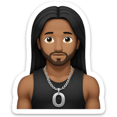 Omarion medium dark skin, long black hair, black tank top with necklace with letter o sticker