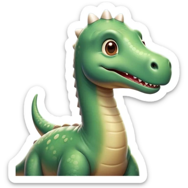 Cinematic Cute Brontosaurus Portrait Emoji, Head tilted playfully with a gentle smile, featuring a charming, massive form with an elongated neck and a small, endearing head adorned with bright, curious eyes, Simplified yet irresistibly adorable features, highly detailed, glowing with a warm, inviting prehistoric glow, high shine, affectionate and lively, stylized with a touch of whimsical ancient charm, soft glowing outline, capturing the essence of a playful Brontosaurus that seems as if it could amble out of the screen into your arms! sticker