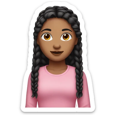 A girl with black hair and braids brown eyes pink shirt black leggings  sticker