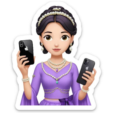 Make a girl standing in mirror in lavender lengha holding a iphone 16 pro max make her hair tie back side and a white pearl necklace  sticker
