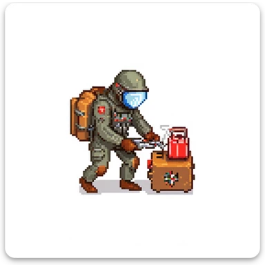 a SNES box art image of a man in a heavy EOD protective milsuit, using pliers in his hand to repair a toaster with three red tubes connected to it. Cutscene graphic sticker