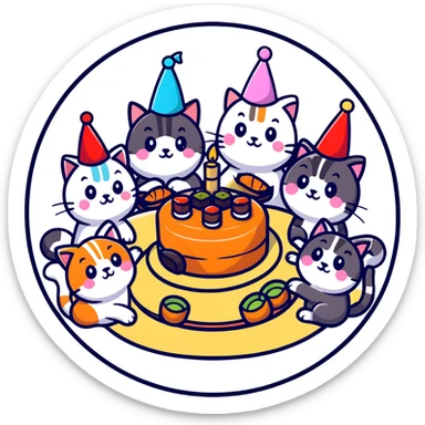 six different cats arranged in a circle, celebrating with party hats, each cat holding a piece of sushi, birthday cake in the center sticker
