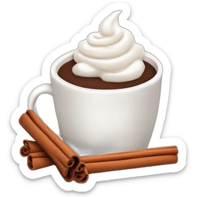 white mug of hot chocolate with whipped cream and cinnamon sticker