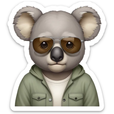 anthropomorphised koala, head and shoulders, casual clothing, dark sunglasses, grumpy expression sticker