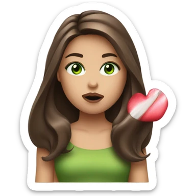 Pretty girl with green eyes and long brown straight hair blowing a lipstick kiss sticker