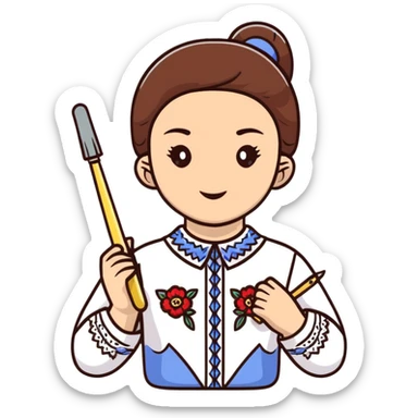 Ukrainian young girl in white embroidered traditional shirt holding needlework tools sticker