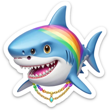 Generate a shark with a wig with the colors of the rainbow its teeth that are also with the colors of the rainbow and that have like diamonds embedded And that it also has a gold chain of number 69 with inlaid diamonds sticker