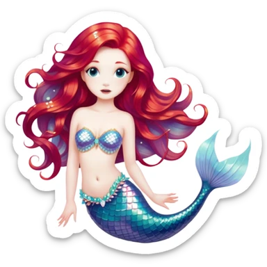 Cinematic Realistic Red Hair Mermaid Portrait, depicted with lifelike porcelain white skin that glows with an ethereal radiance, enhanced by soft underwater lighting. Her intricately detailed, flowing red hair cascades like liquid fire, framing deep, soulful eyes that mirror the mysteries of the deep sea. Accented by shimmering, iridescent scales and delicate aquatic embellishments, the portrait features an enchanting underwater glow that marries realism with mythic ocean elegance. sticker