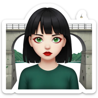 Guria com cabelo preto franjinha sangrando olhos verdes  fundo preto e um piercing bridgepiercing sticker