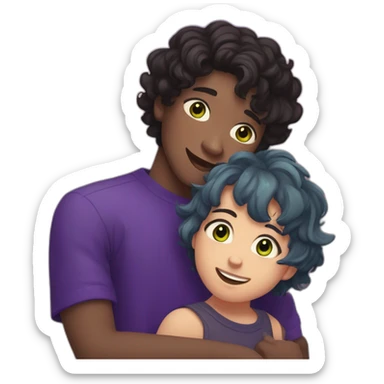 black short wavy hair boy and middle part bangs, with green-gray eyes, hugging a purple-blue short shoulder-length hair, slightly chubby brown eyed girl  sticker