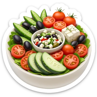 mediterranean salad bowl object icon, tomatoes, cucumbers, olives, feta cheese, olive oil dressing, 3D cartoon, mobile game icon style, clean background, no text, no watermark
 sticker