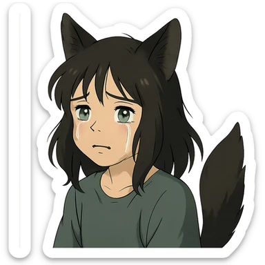 A girl with tears, black fox ears, and a tail, green eyes, dark hair sticker