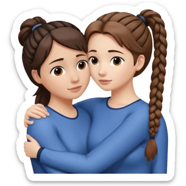 Comforting Hug two white skin women, one shorter woman with medium brown simple top ponytail, not braided, and one taller woman with a single long black side braid sticker
