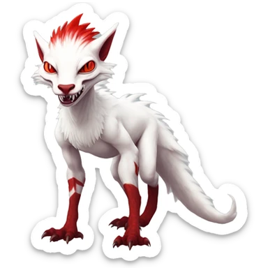 White edgy cute badass epic anthro modern albino sergal-vernid-Fakémon with red mane and red eyes with red edgy stripes, full body sticker