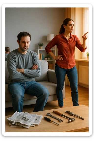 Uomo tra i 35 e i 45 anni, seduto in disparte sul divano con sguardo spento e postura chiusa, mentre la moglie, in piedi, gesticola con decisione e dirige la scena familiare (dando ordini ai figli o organizzando la casa). Intorno, simboli visivi della perdita di ruolo maschile: giornali accartocciati, strumenti da lavoro inutilizzati, l’uomo con vestiti trasandati o troppo neutri. La donna appare energica, determinata, mentre lui è passivo e disconnesso. Atmosfera domestica fredda o neutra. Colori sbiaditi attorno all’uomo, più vividi attorno alla donna. Stile realistico con tono simbolico. sticker