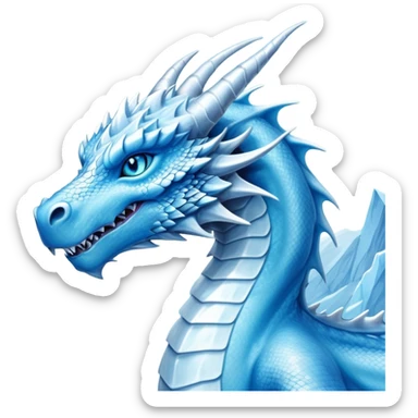 Cinematic Noble elegant Ice Dragon Portrait Emoji, Poised and imposing, distinct long elegant snout, with a slender, scaled body shimmering in glacial hues of icy blue, frostbitten silver, and crystalline white, breathing out frost, with piercing, glowing ice blue white eyes that radiate the chilling depths of an arctic storm; rendered in detail. excuding wisdom sticker