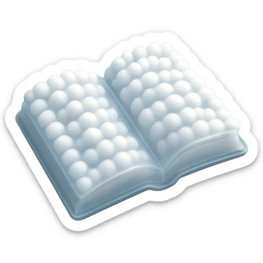 top view of a thick open book made entirely of small, very bright white fluffy convex clouds, matte glass style sticker
